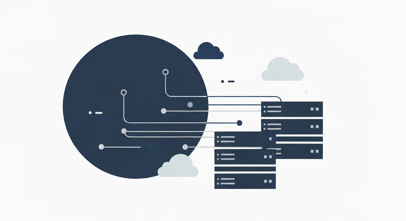 Abstract symbolic visual of interconnected nodes, data streams, and cloud motifs representing AI inference deployed at production scale