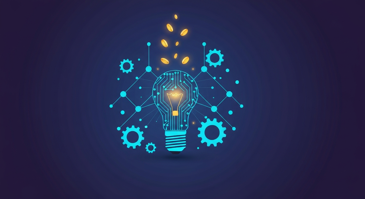 A glowing circuitry light bulb at the center with interconnected neural network nodes and mechanical gears around it. Golden seed-like particles rise toward the bulb to represent seed funding and investment. Deep blue to indigo gradient background with electric cyan and warm gold accents.
