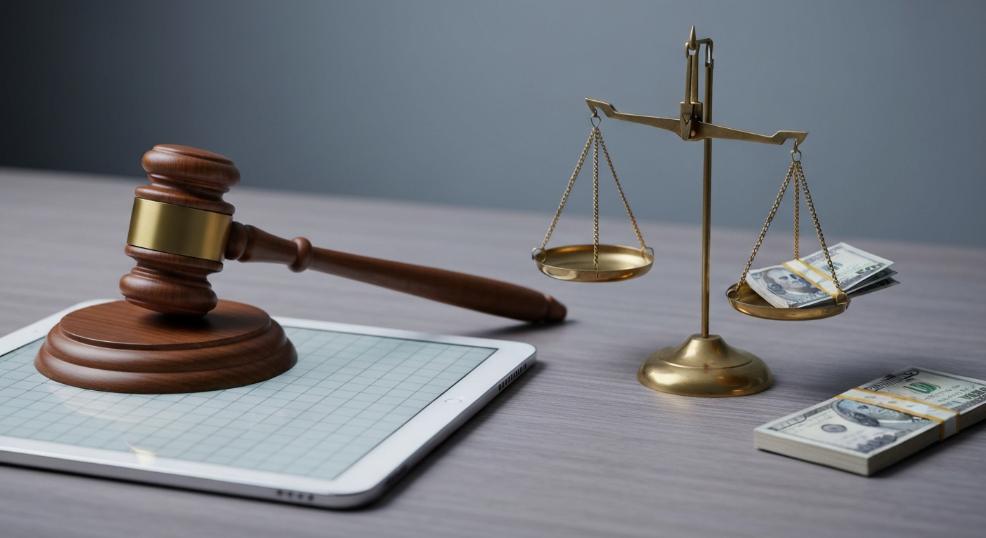 Gavel on tablet and balance scale image
