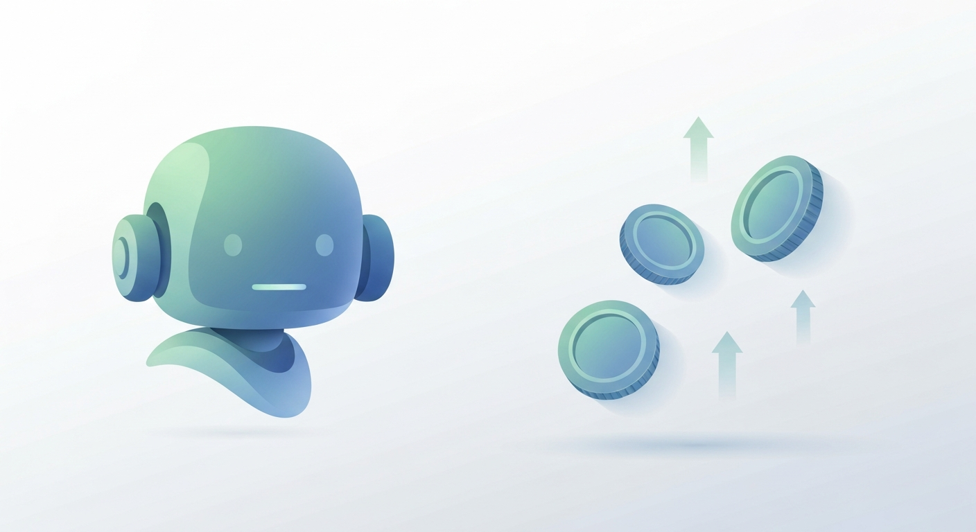 Minimalist illustration of an abstract chatbot avatar on the left and floating coin tokens with upward growth arrows on the right. Calm blue and green palette, no text.