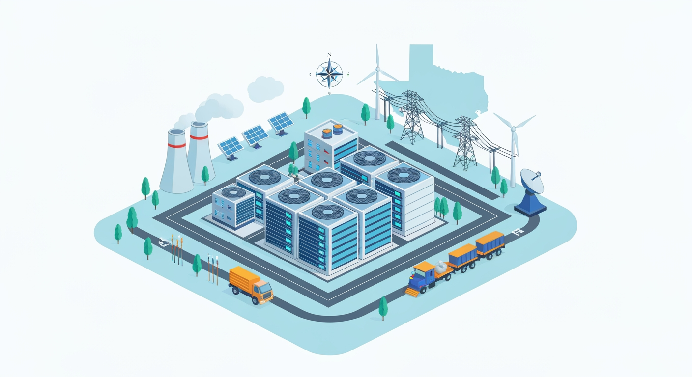 Illustration of a Texas data center campus surrounded by servers, power plants, renewable energy, fiber connectivity, and logistics elements